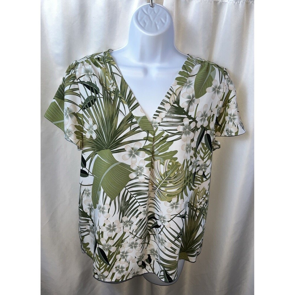 Hilary Radley Women’s V-neck Print Blouse Size S Relax Fit Tropical Beach